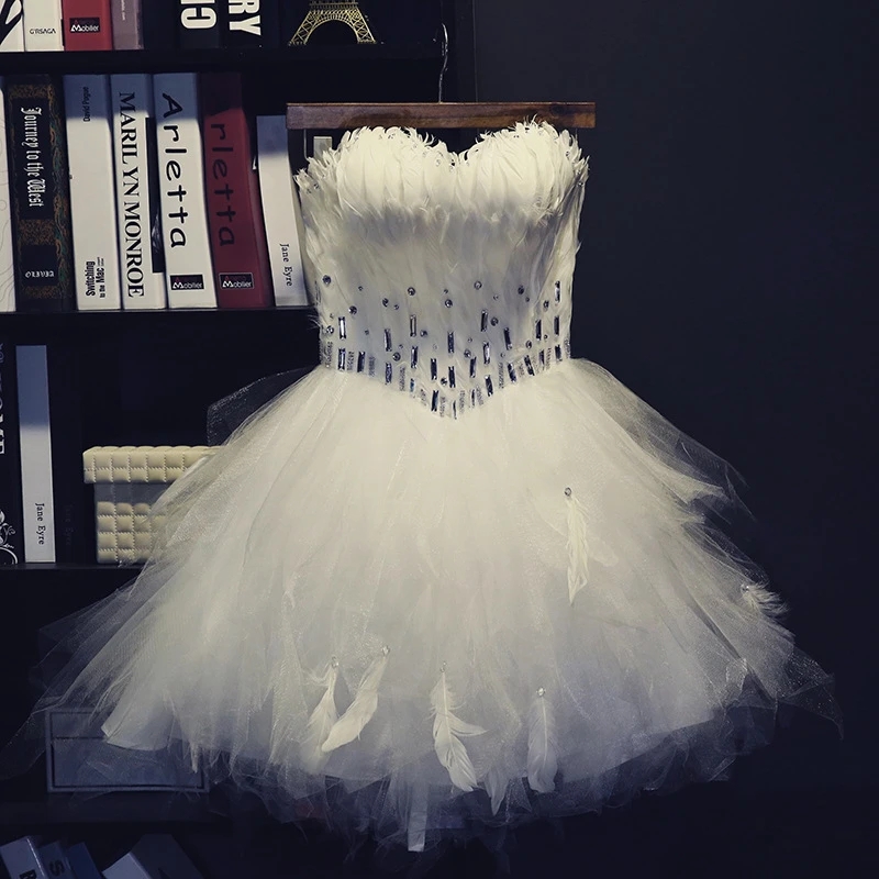 Short Homecoming Dresses White Feather Crystal Sweetheart Ball Gown Party Gowns Princess Tulle Mini Birthday Prom Graudation Cocktail Party Gowns 20