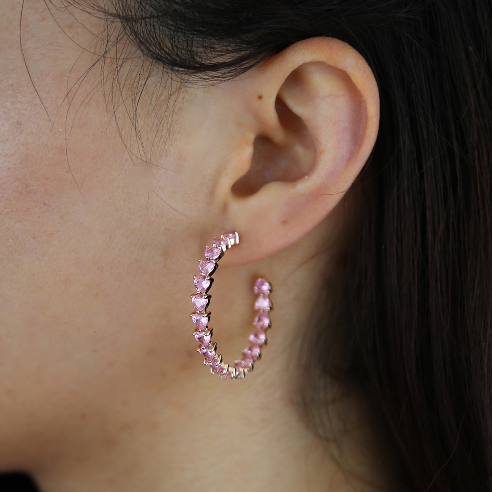 Hoop Huggie 30mm Heart CZ Hoop Earring White Pink Cubic Zirconia Paved Geometric Round Circle Pinky Bling Medium Hoop Women Jewelry 230428