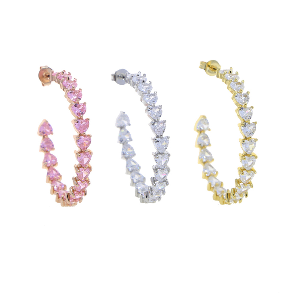 Hoop Huggie 30mm Heart CZ Hoop Earring White Pink Cubic Zirconia Paved Geometric Round Circle Pinky Bling Medium Hoop Women Jewelry 230428