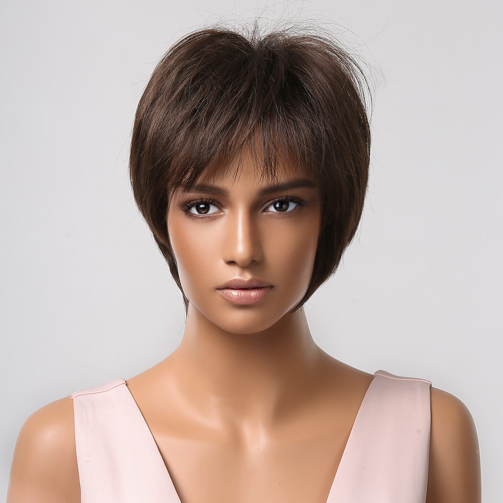 Brown Synthetic Wigs Hair Short Pixie Cut Womens Wigs with Bangs for Afro Women Natural Straight Daily Party Heat Resistantfact