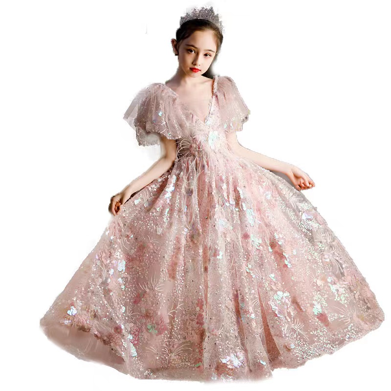 Lovey sequined Princess Flower Girl feather backless lace up Ball Gown First holy Communion Dresses For Girls Sleeveless Tulle Toddler Pageant party g