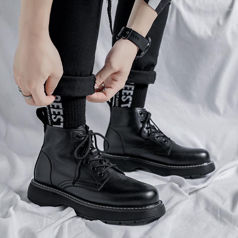 Boots British Style Mens Black Casual Shoes Cowboy Original Leather Boot Youth Streetwear Lace Up Handsome Platform Ankle Botas