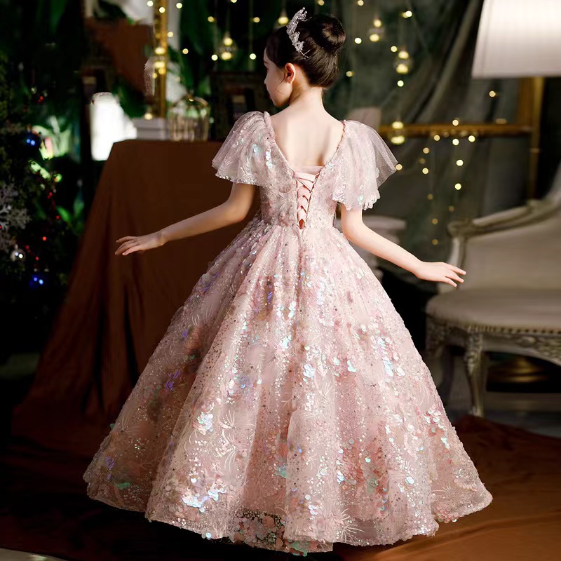 Lovey sequined Princess Flower Girl feather backless lace up Ball Gown First holy Communion Dresses For Girls Sleeveless Tulle Toddler Pageant party g