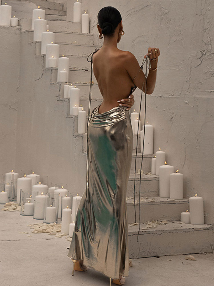 Party Dresses Women Sexy Backless Metallic Maxi Dress Fashion V-Neck Sleeveless Spaghetti Strap Vestidos Summer Solid Female Robe 230428