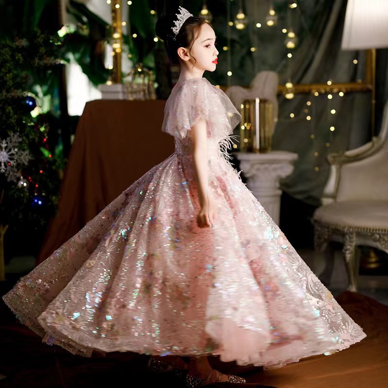 Lovey sequined Princess Flower Girl feather backless lace up Ball Gown First holy Communion Dresses For Girls Sleeveless Tulle Toddler Pageant party g