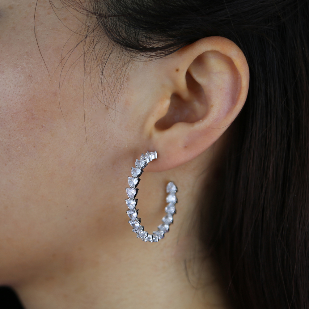 Hoop Huggie 30mm Heart CZ Hoop Earring White Pink Cubic Zirconia Paved Geometric Round Circle Pinky Bling Medium Hoop Women Jewelry 230428