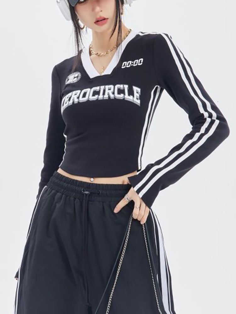 Women's T-Shirt Fashion Letter T-shirts Women Vintage V Neck Slim Tees Female Long Sleeve Crop Top Streetwear Ladies Contrast Y2k Crop Summer 230