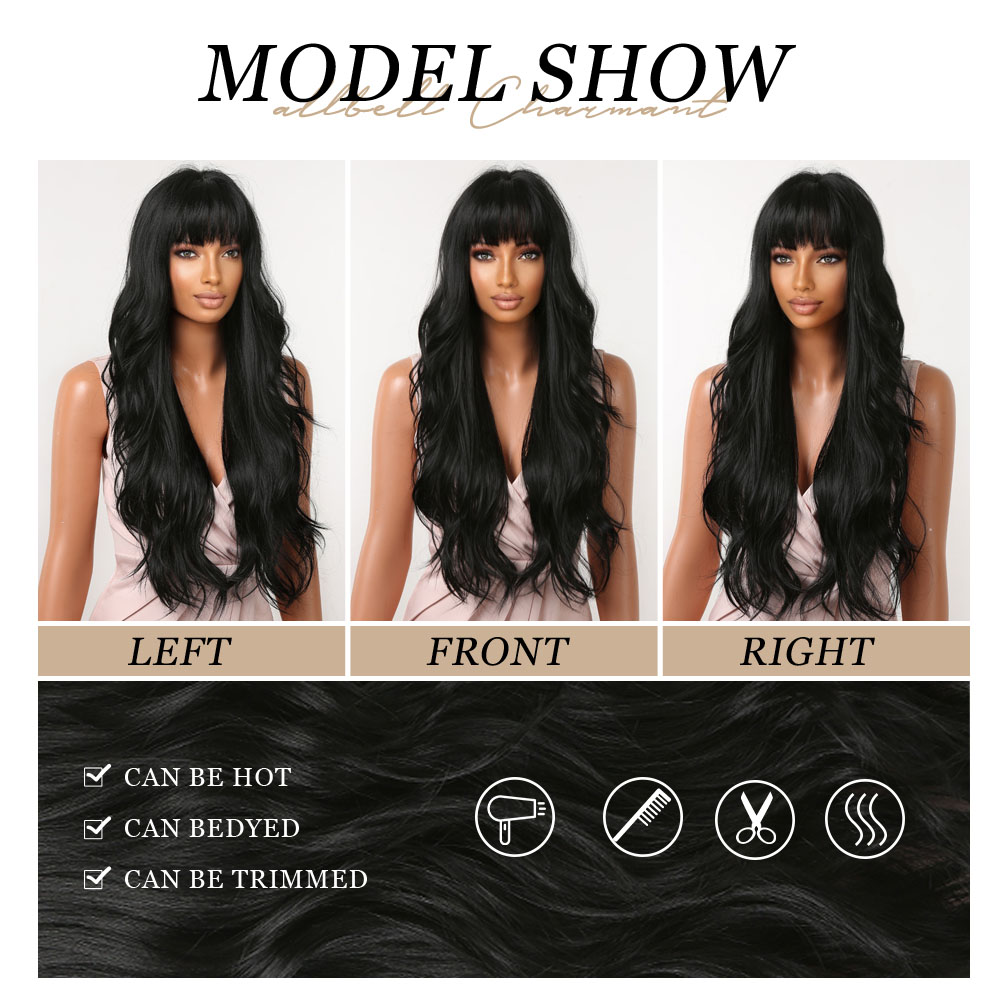 Long Wave Synthetic Wigs With Black Bangs Body Wavy Natural Black Hair Wig Heat Resistant for Women Daily Halloween Cosplay Use