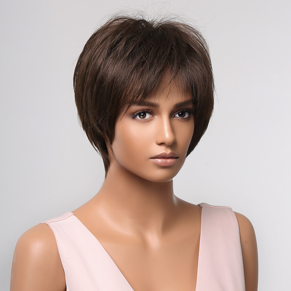 Brown Synthetic Wigs Hair Short Pixie Cut Womens Wigs with Bangs for Afro Women Natural Straight Daily Party Heat Resistantfact