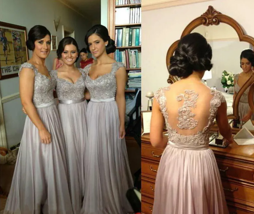 New Bridesmaid Dresses A Line Off-Shoulder Floor-Length Sweep Train Beaded Applique Chiffon long Plus Size Illusion Custom