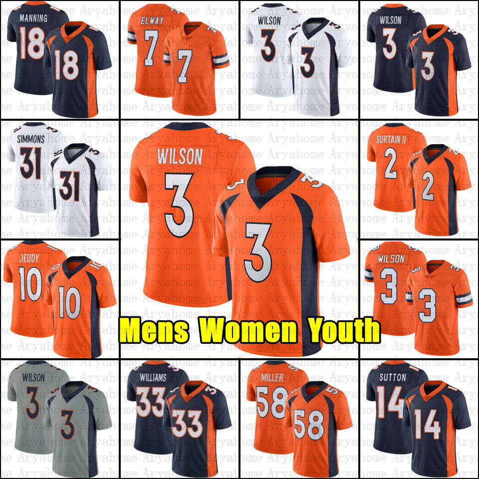 3 Russell Wilson Peyton Manning Football Jersey Justin Simmons Jerry Jeudy Broncos John Elway Patrick Surtain II Javonte Williams Courtland Sutton Mens Women Youth