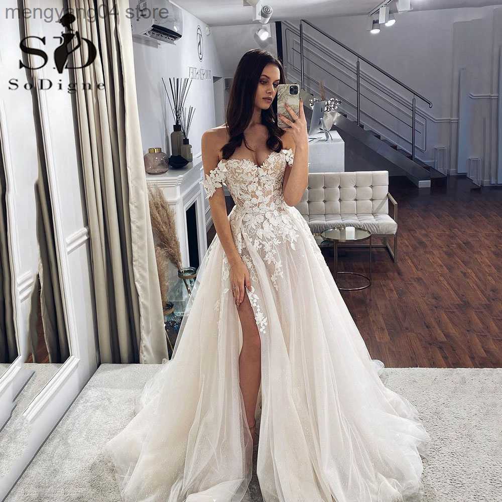 Party Dresses SoDigne Boho Wedding Dresses Side Split Off the Shoulder Lace Appliques A-Line Wedding Gown Sweetheart Bridal Gown T230502