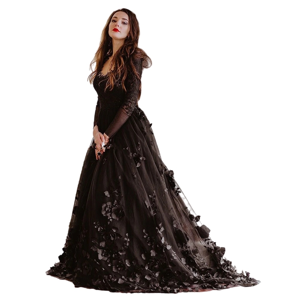 Forest Black Gothic A-E Wedding Dresses With Illusion Long Sleeve 3D Ral Butterfly Religion Bridal Gown Vestido De Novia