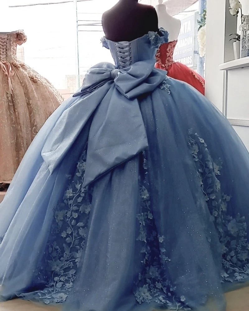 Quinceanera Dresses Princess Blue Flowers Beading Big Bow Sweetheart Ball Gown with Tulle Plus Size Sweet 16 Debutante Party Birthday Vestidos De 15 A