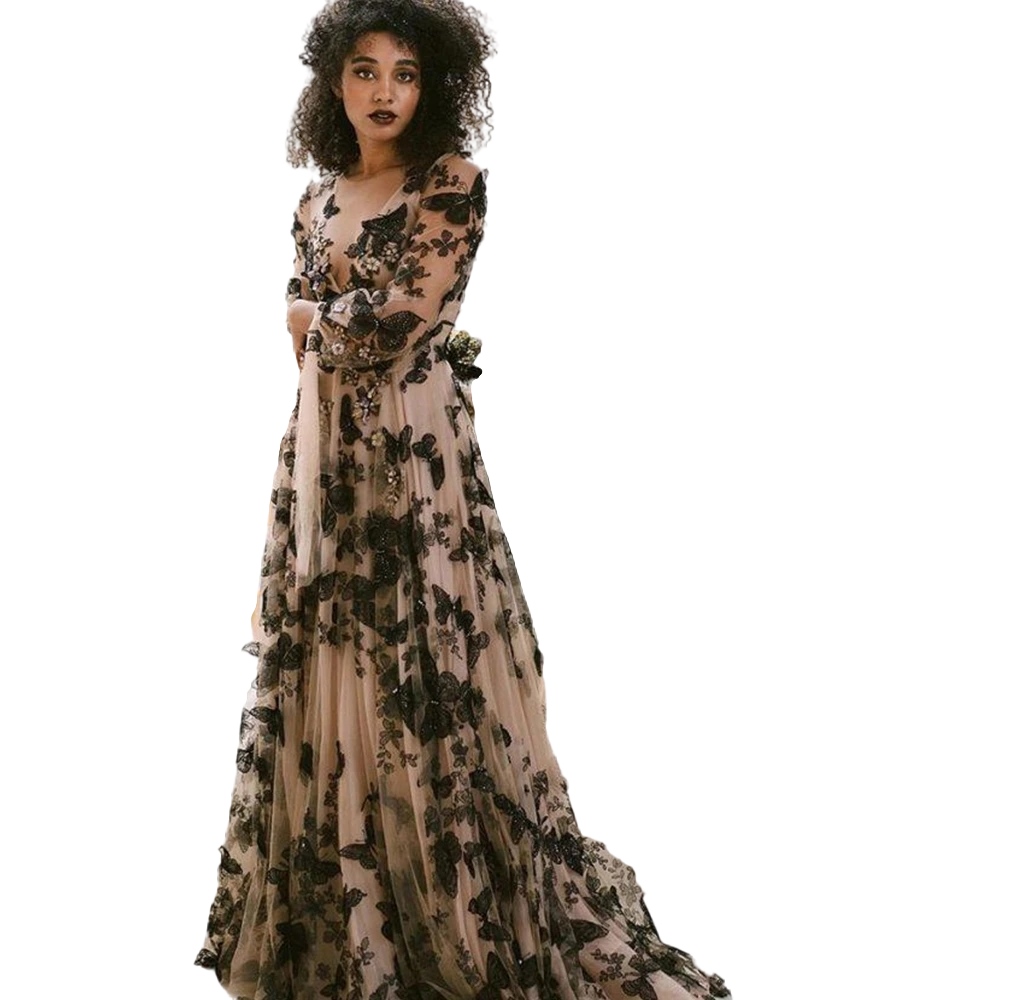 Champagne Black Butterfly Wedding Dresses with Long Sleeve 2023 Vintage Bohemian Country Gothic Fairy Bridal Gowns