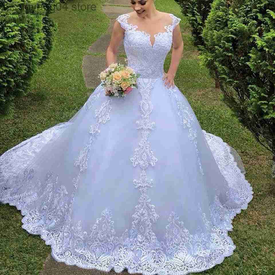 Party Dresses 2023 New Illusion White/Ivory Ball Gown Long Wedding Dress Short Sleeves Bride Dresses Princess Tulle Elegant Wedding Gowns T230502