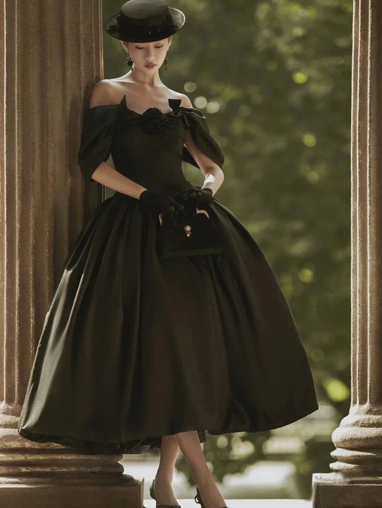 Little Black Dress Vintage 1920s' Tea-length Prom Occasion Dresses 3D Rose Floral Off Shoulder Puffy Skirt Evening Gown