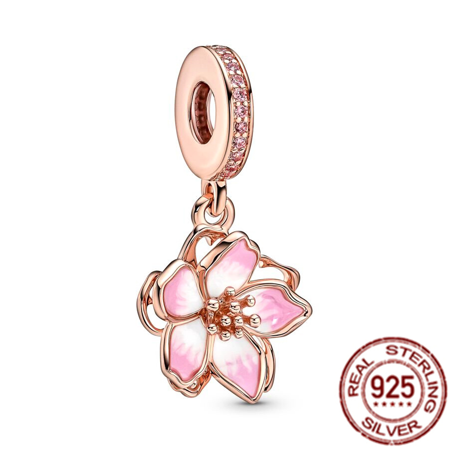 925 Sterling Silver Charm Rose gold Color Pink Daisy Flowers Cherry Blossom Pearl Beads Suitable for DIY Bracelet Female Jewelry Fashion Accessories