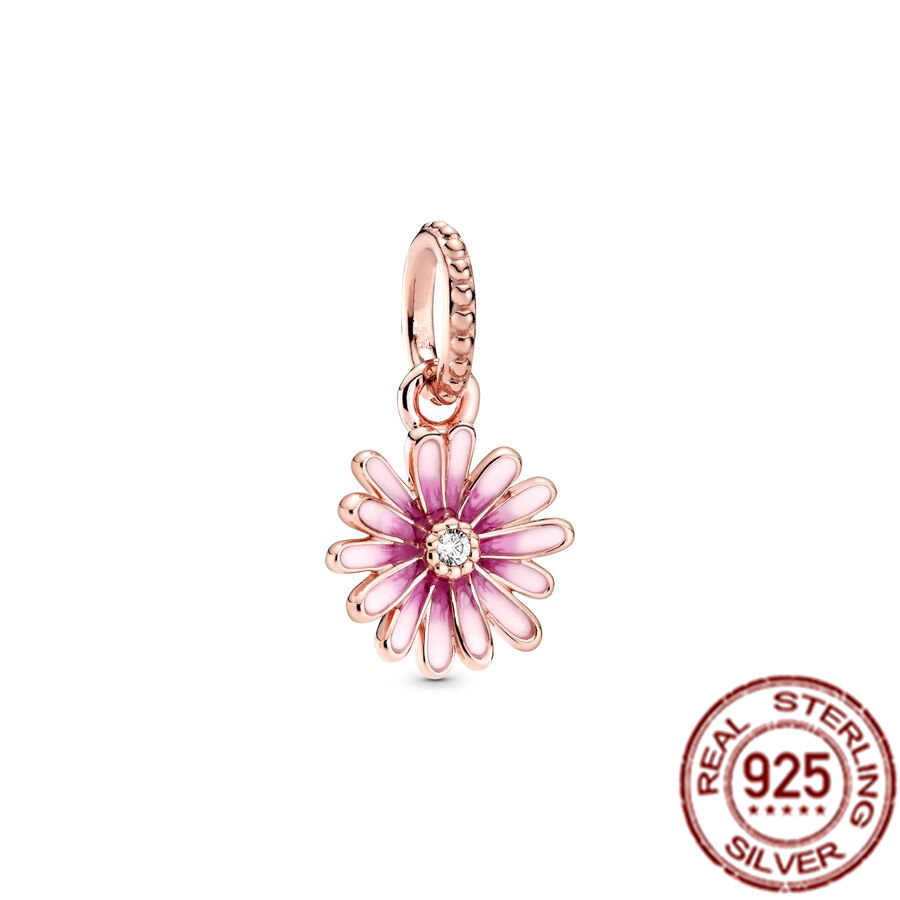 925 Sterling Silver Charm Rose gold Color Pink Daisy Flowers Cherry Blossom Pearl Beads Suitable for DIY Bracelet Female Jewelry Fashion Accessories