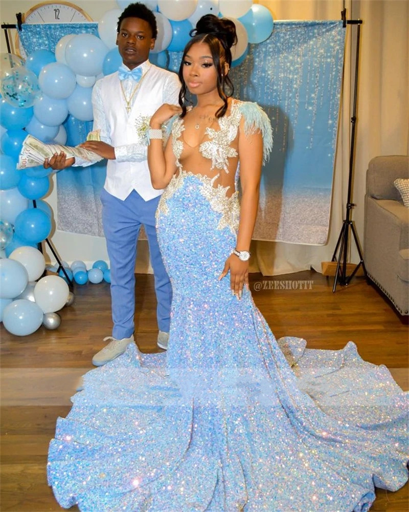 Sparkly Sky Blue Mermaid Prom Dress For Black Girls Mesh Glitter Sequins Beads Rhinestone Feathers Birthday Party Gown Robe 322