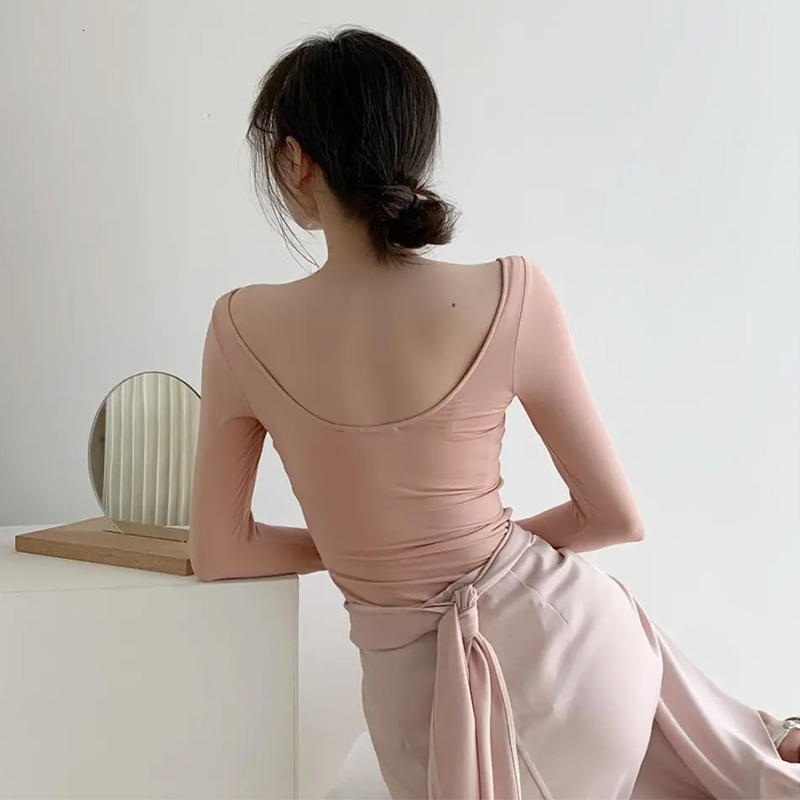 Women's T-Shirt Long-Sleeved Thin Backless Swan Neck Black T-Shirt Women Wrap Fashion Bodycon Tops Ballet Spring Summer Camisetas De Mujer 230428