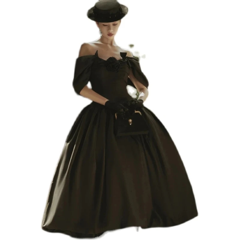 Little Black Dress Vintage 1920s' Tea-length Prom Occasion Dresses 3D Rose Floral Off Shoulder Puffy Skirt Evening Gown