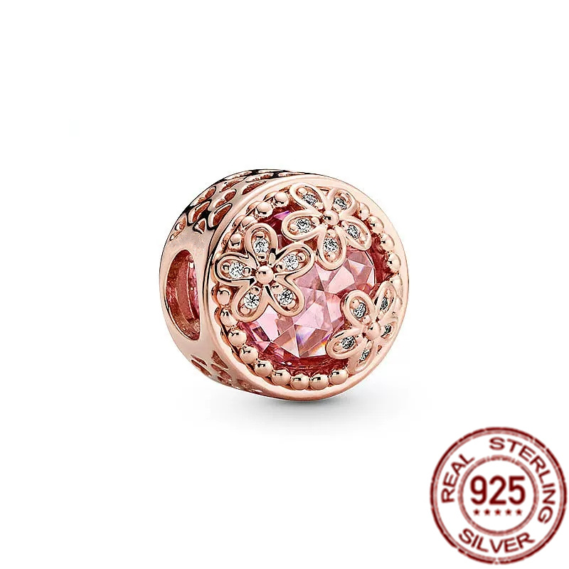 925 Sterling Silver Charm Rose gold Color Pink Daisy Flowers Cherry Blossom Pearl Beads Suitable for DIY Bracelet Female Jewelry Fashion Accessories