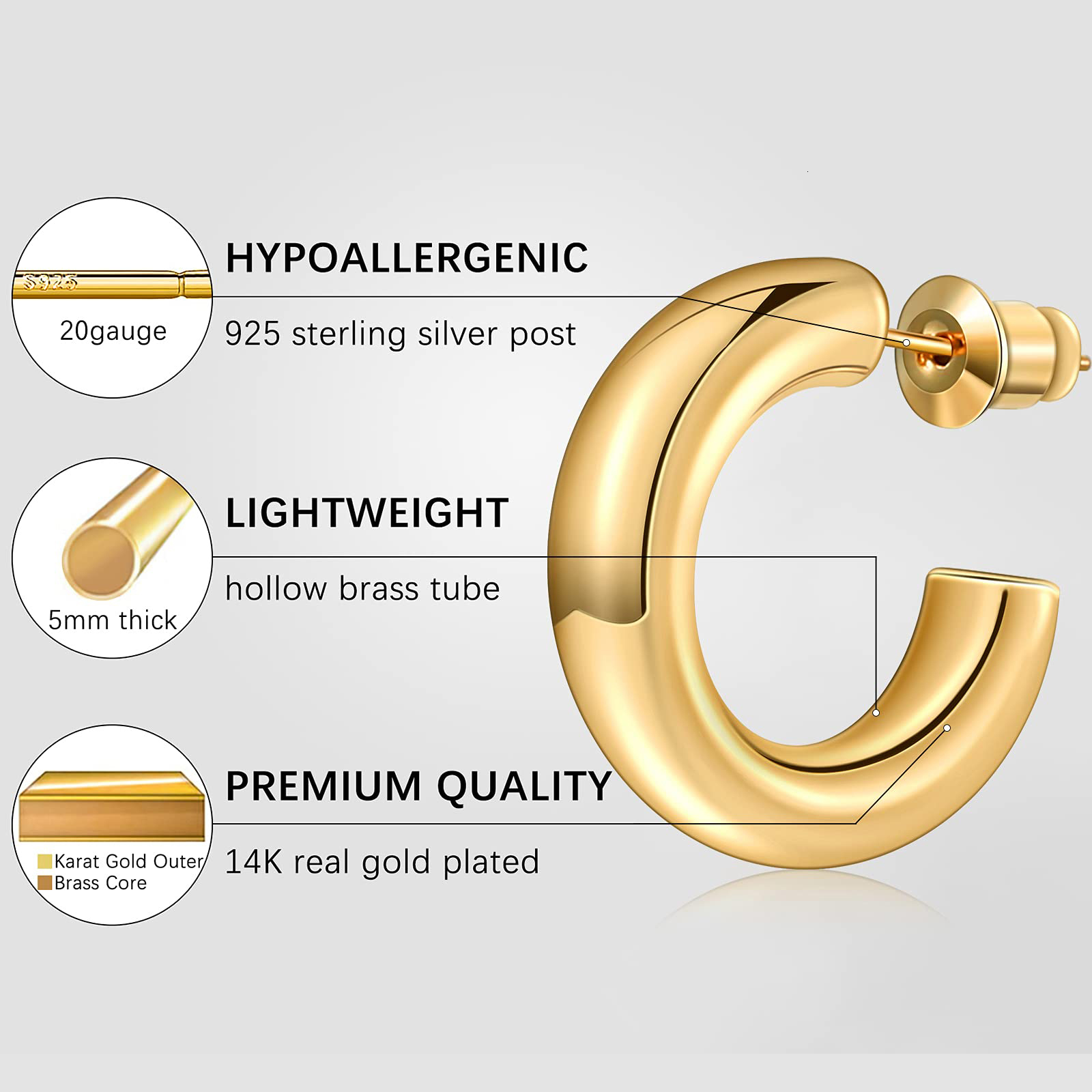 Hoop Huggie Vonmoos Hoop Earrings for Women 14K Real Gold Plated Copper Hoop With 925 Sterling Silver Post Cute Modern Jewelry For Women 230428