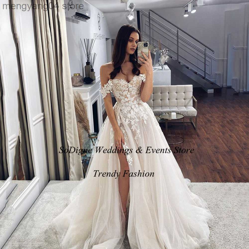 Party Dresses SoDigne Boho Wedding Dresses Side Split Off the Shoulder Lace Appliques A-Line Wedding Gown Sweetheart Bridal Gown T230502