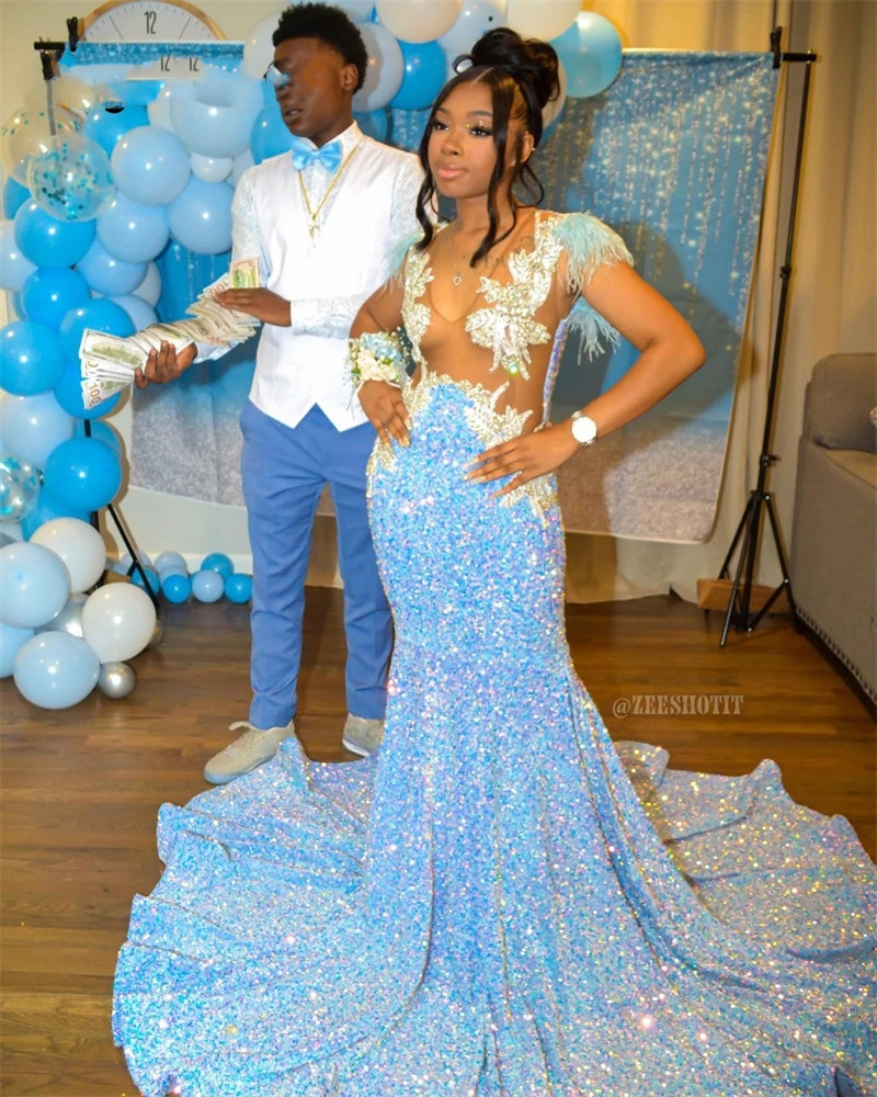 Sparkly Sky Blue Mermaid Prom Dress For Black Girls Mesh Glitter Sequins Beads Rhinestone Feathers Birthday Party Gown Robe 322