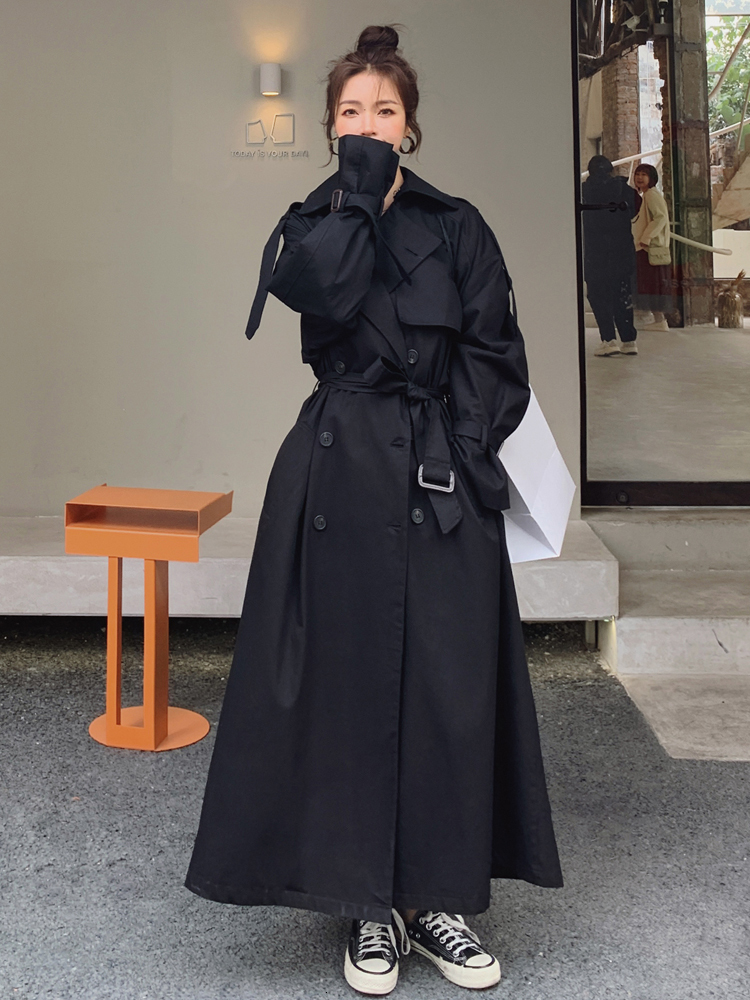 Women s Trench Coats Korean Style Loose Oversized X Long Coat Double Breasted Belted Lady Cloak Windbreaker Spring Fall Outerwear Grey 230503