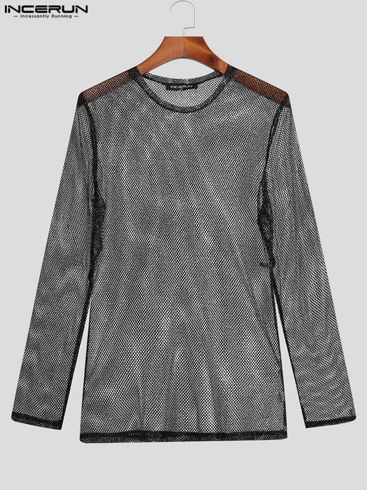 Men s T Shirts Party Nightclub Style Tops INCERUN Men Glitter Mesh See through Camiseta Sexy Male All match Long Sleeve Thin T shirts S 5XL 230503