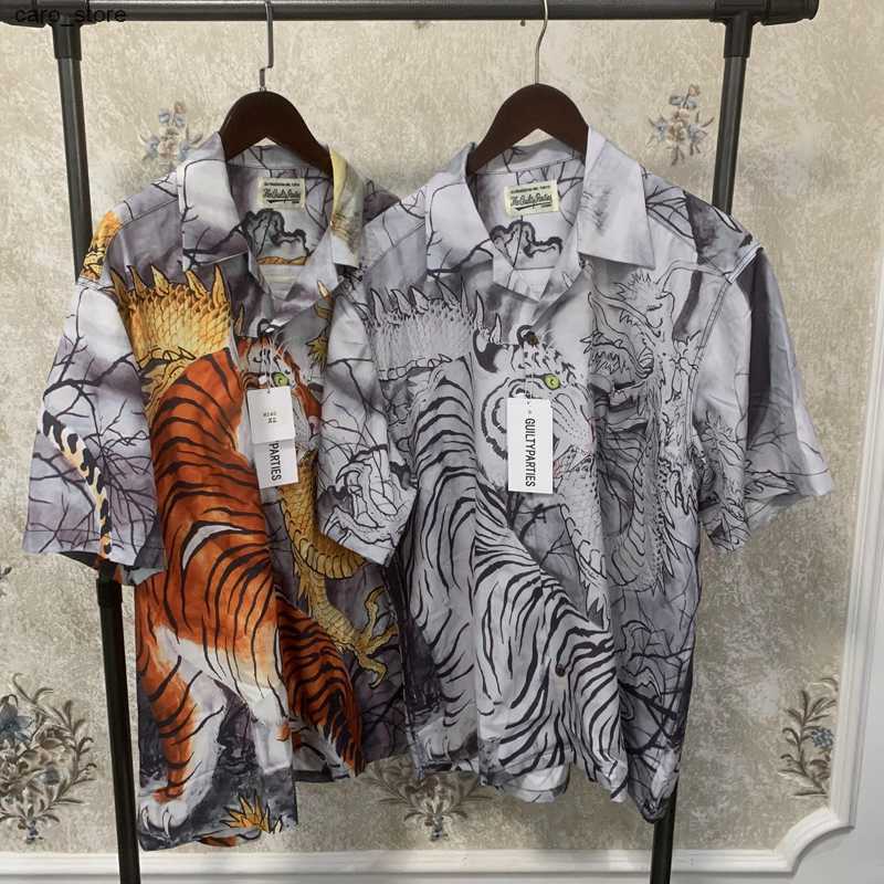 Men's Casual Shirts Real Photos WACKO MARIA Shirts Tiger Full Print Short-sleeved Cardigan Loose Holiday Seaside Hawaiian Shirt for Men Women J23