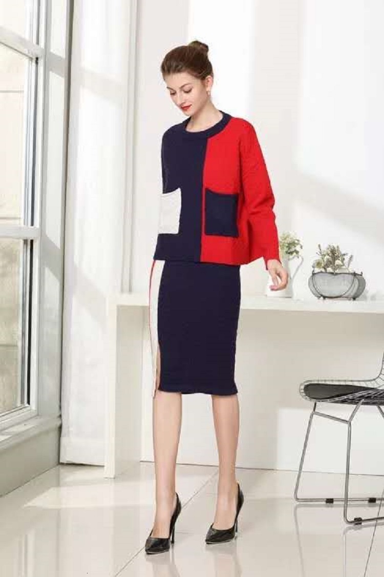 Two Piece Dress High Quality Sweater Suits Autumn Winter Knitted Set Women Color Block Knitting Pullover TopsKnee-Length Warm Skirt Sets 230503