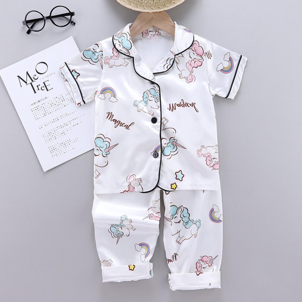 Pajamas 1-10 Years Children's Pyjamas Set Baby Suit Kids Clothes Toddler Girls Lce Silk Cartoon Unicorn Prints Tops Pants Nightgown Girl 230503