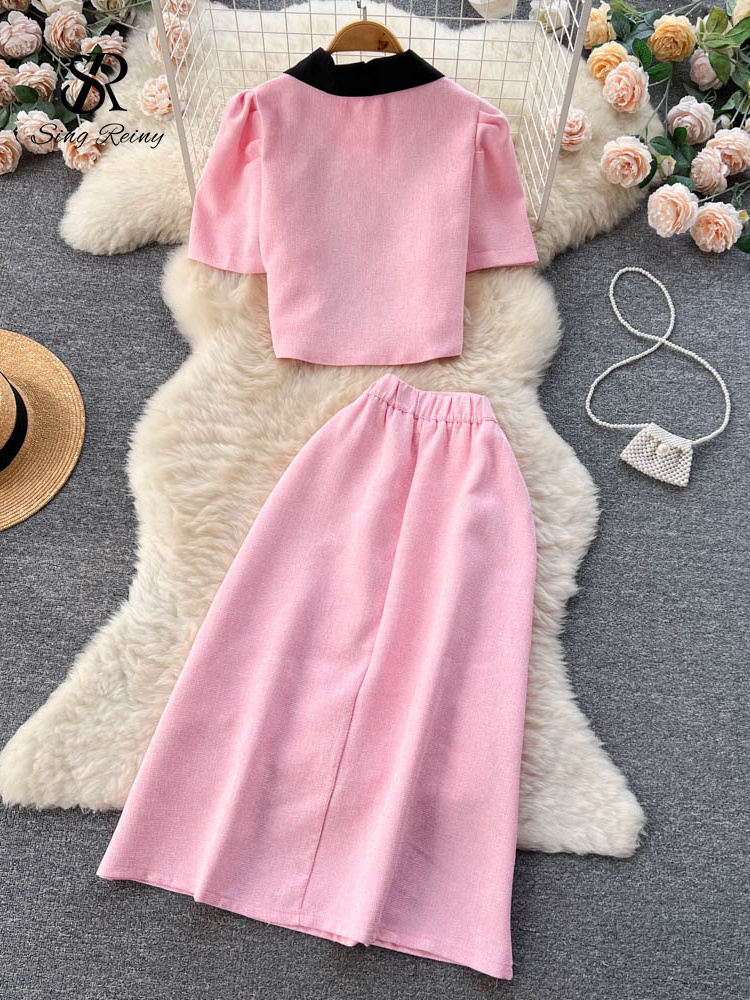 Two Piece Dress SINGREINY Summer OL Streetwear Skirt Sets Women Short Sleeve Double Breasted TopsMidi Long Skirts Fashion Two Pieces Suits 230503
