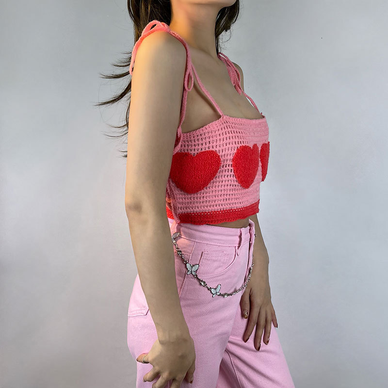 Camisoles Tanks Cute Heart Flocking Crochet Top Y2K Aesthetics Fairycore Kawaii Knitted Lace Up Strap Cropped 2000s Retro Women Cami Top Clothes 23050