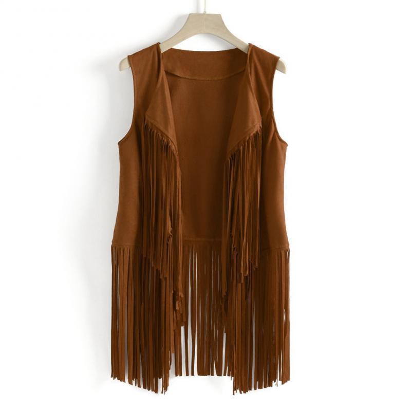 Women's Vests Women's Fringed Vest Jacket Fashion Fall Winter Suede Ethnic Sleeveless Fringed Vest Cardigan Vintage Faux Tassel Coat Coffee 