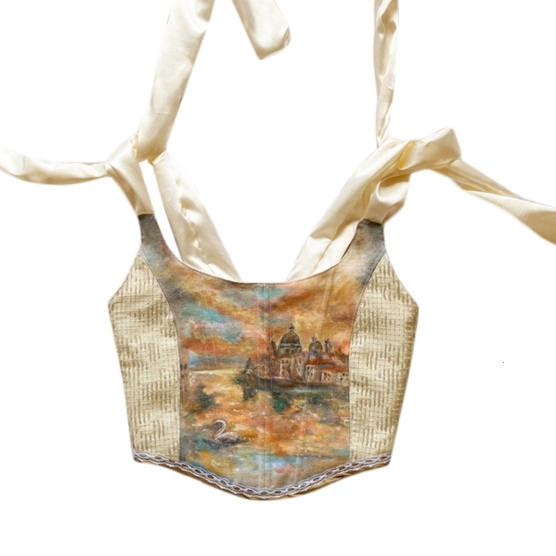 Camisoles Tanks Women Summer Tie-Up Ribbon Corset Crop Top Sexy Backless Lace-Up Slim Bustier Camisole Retro Oil Painting Graphic Boned Top 230503