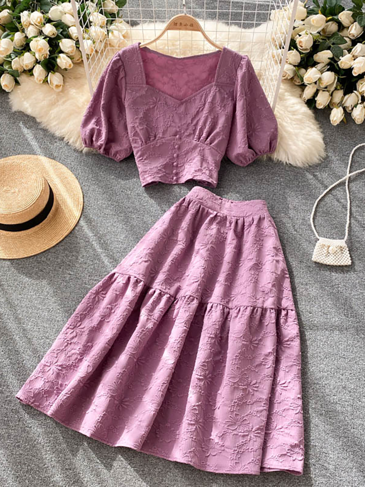 Two Piece Dress Purple/Orange/White Two Piece Set Women Vintage Square Collar Short Sleeve Tops High Waist A-Line Skirt Female Suits 230503