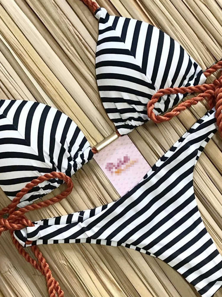 Women's Swimwear RUOTONGSEPT 2022 Striped Bikini Set Knotted Swimsuit Women Biquinis Beach Sexy Thong Swimwear Bandage Brazilian Mirco Bikinis P2