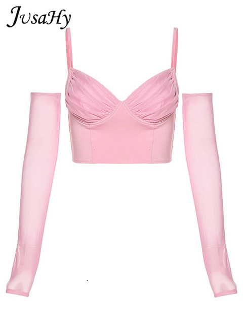 Women's T-Shirt JuSaHy Sexy Pink Crop Top with Gloves Female Fashion Y2K Cleavage Square Neck Sleeveless Tanks Top Casual Streetwear 230503