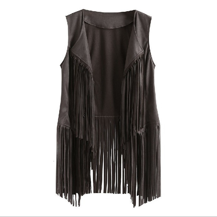 Women's Vests Women's Fringed Vest Jacket Fashion Fall Winter Suede Ethnic Sleeveless Fringed Vest Cardigan Vintage Faux Tassel Coat Coffee 