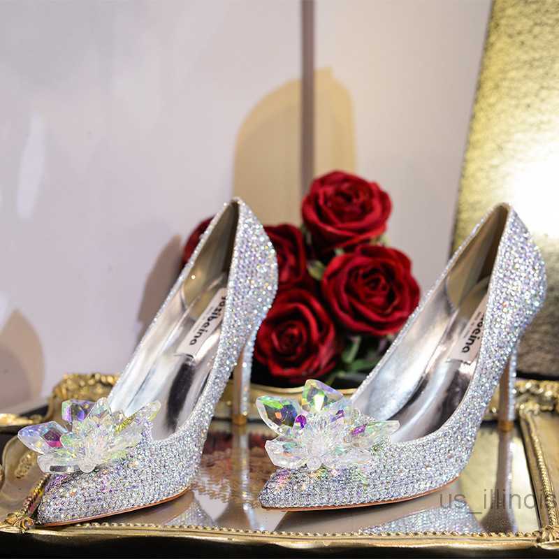 Dress Shoes 2023 European Wedding Shoes Female Rhinestone Crystal Shoes Stiletto Pointed Red Bridal Shoes Fashion Bridesmaid High Heel