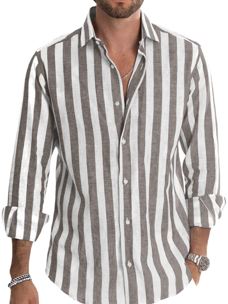 Men's Casual Shirts Casual Men Striped Print Blouse Shirts Male Summer Spring Turn Down Collar Long Sleeve Button Loose Sand Beach Tops FYY-10781