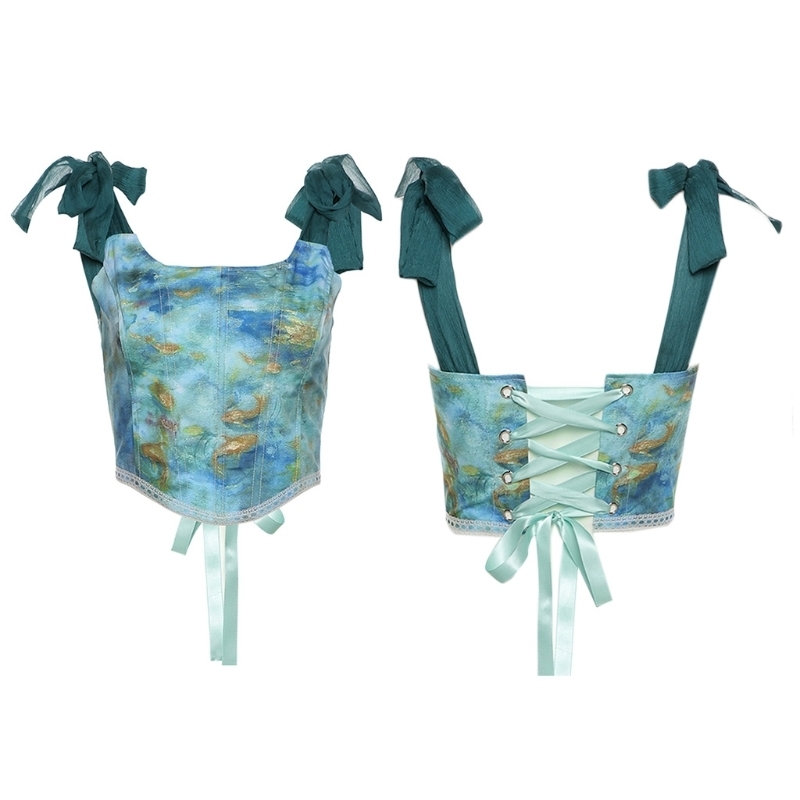 Camisoles Tanks Women Summer Tie-Up Ribbon Corset Crop Top Sexy Backless Lace-Up Slim Bustier Camisole Retro Oil Painting Graphic Boned Top 230503