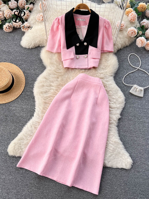 Two Piece Dress SINGREINY Summer OL Streetwear Skirt Sets Women Short Sleeve Double Breasted TopsMidi Long Skirts Fashion Two Pieces Suits 230503