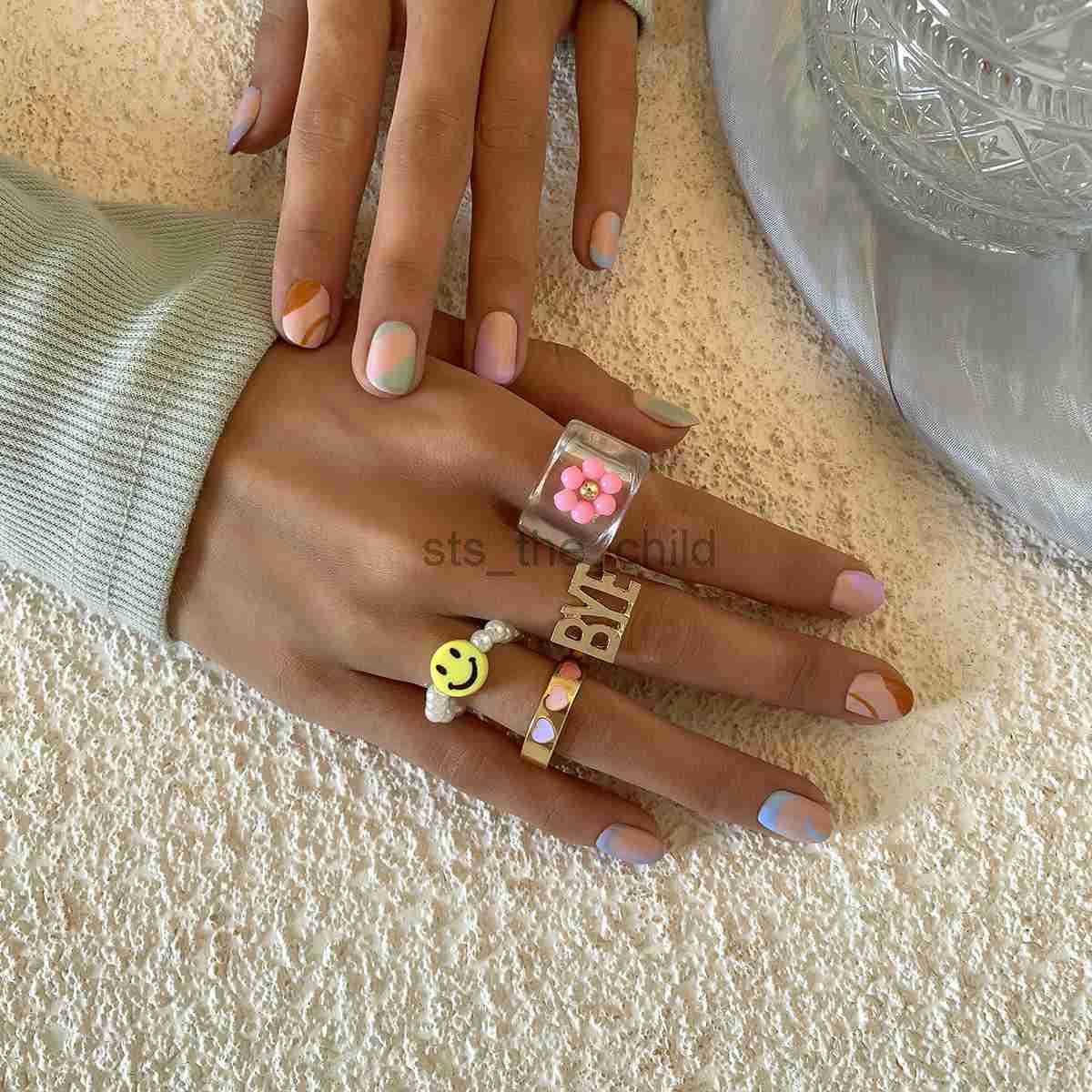 2023 Ring For Women New Ins Aesthetic Colorful Transparent Resin Acrylic Ring Set Geometric Irregular Square Jewelry Y2302
