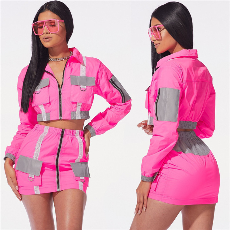 Two Piece Dress Sexy Neon Reflective Women's Two Piece Set Streetwear Bandage Zipper Jacket Crop Top Mini Skirt Pink Club Matching Outfit Suit 23