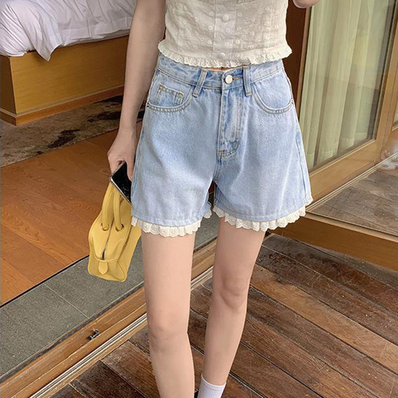 Women's Shorts Women Sweet Shorts Lace Patchwork All-match Denim Daily Korean Style Kawaii Preppy Fashion Simple Cozy High Waist Chic Students 23